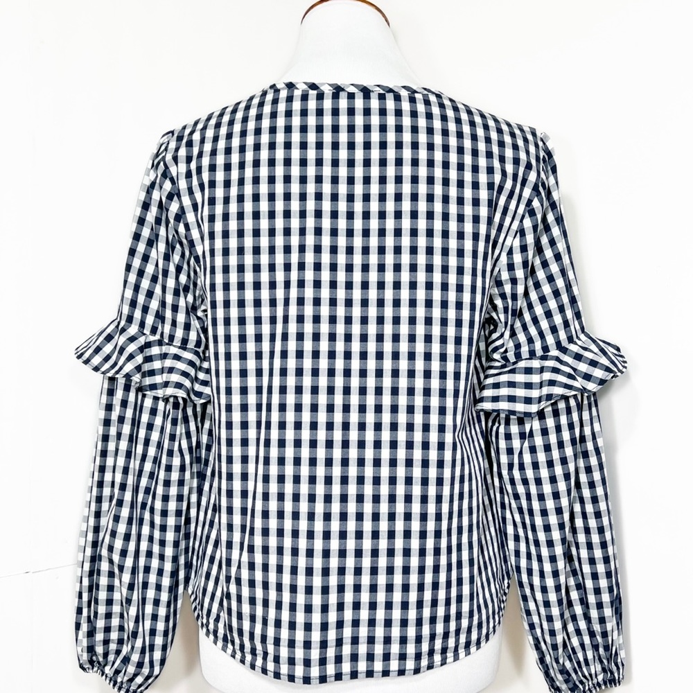 Splendid Navy Gingham Check Ruffled Tie Neck Navy White Long Sleeve Peasant Top - Picture 6 of 10